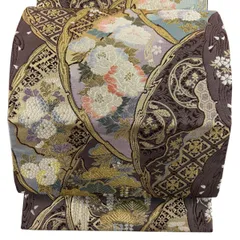 【美品】 袋帯 秀品 雪月花 菊 雪輪 金糸 箔 茶紫 六通 正絹 【中古】