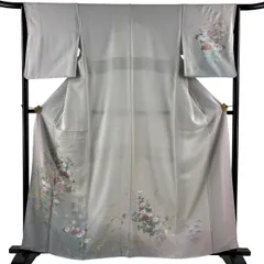 訪問着 身丈162cm 裄丈64cm M 袷 秋草 流水 螺鈿 金彩 灰色 正絹 秀品 【中古】