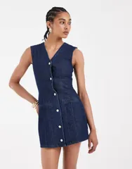 エイソス レディース トップス ワンピース ボタンダウン ベスト ダウン デニム ASOS DESIGN denim button down vest dress indigo indigo インディ