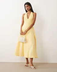 エイソス レディース トップス ワンピース ミディ スキューバ スカート ASOS DESIGN plunge neck structured full skirt midi dress in yel