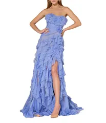 テラニクチュール レディース トップス ワンピース シフォン フリル ストラップレス Terani Couture Strapless Ruffle Chiffon Gown Periwinkle N