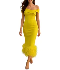 テラニクチュール レディース トップス ワンピース ミディ Terani Couture Off Shoulder Sheath Midi Dress With Feather Hem Citrine