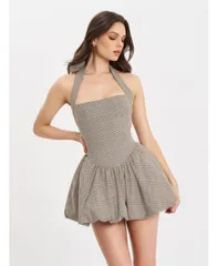 ミスサークル レディース トップス ワンピース ミニ レース ホルター Miss Circle Womens Dacia Plaid Halter Laceup Bubble Mini Dress B