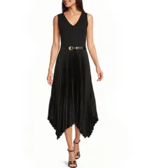ダナキャラン レディース トップス ワンピース Vネック プリーツ ノースリーブ Donna Karan VNeck Sleeveless Belted FitAndFlare Pleatedress