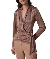 ダナキャラン レディース トップス シャツ Vネック ドレープ ニット Donna Karan Solid Crinkle Knit Draped Surplice VNeck Long Sleeve
