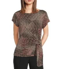 ダナキャラン レディース トップス シャツ クルーネック DKNY by Donna Karan Crew Neck Short Sleeve Side Tie Top Cabernet Bracke
