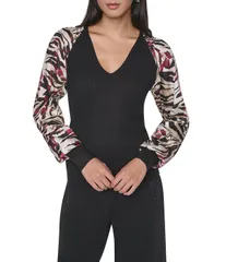 ダナキャラン レディース トップス シャツ プリント セーター ブラウス DKNY by Donna Karan Printed Sleeve Sweater Blouse BlackRaspberr