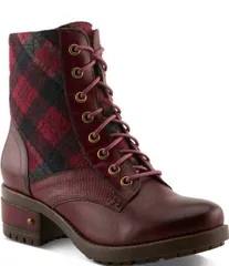 ラリティステ レディース シューズ ブーツ・レインブーツ レース レザー LARTISTE Marty Leather and Plaid Lace Up Combat Booties Bordeau