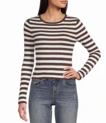 ジービー レディース アウター ニット・セーター GB Knit Long Sleeve Striped Sweater BrownIvory アイボリー