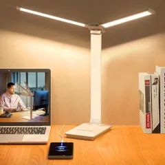 デスクライト LED 卓上ライト スタンドライト ダブルライト 超高輝度 800lm 5段階調光調色 目に優しい タイマー機能 電気スタンド 読書灯 | スマホ給電可能 アダプター付き タッチセンサー 多角度調整 省エネ 収納簡単 学習机 勉 7677f975