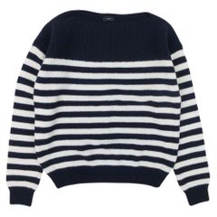 美品 JOSEPH ジョセフ パネルボーダー リブ ニット ボートネック セーター トップス 長袖 ウール100％ M 紺 ネイビー アイボリー レディース 古着 中古 USED