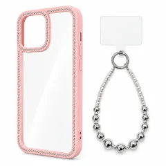 iPhone 15 Plus/iPhone 14 Plus 対応 ラインストーン クリアケース ビーズ ハンドストラップ セット TPU+PC 背面透明 透明パッド付き ケース:ピンク ストラップ:シルバー