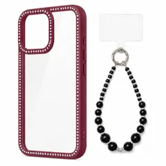 iPhone 15 Plus/iPhone 14 Plus 対応 ラインストーン クリアケース ビーズ ハンドストラップ セット TPU+PC 背面透明 透明パッド付き ケース:ワイン ストラップ:ブラック