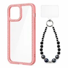 iPhone 16 Pro 対応 ラインストーン クリアケース ビーズ ハンドストラップ セット TPU+PC 背面透明 透明パッド付き ケース:ローズ ストラップ:オーロラブラック