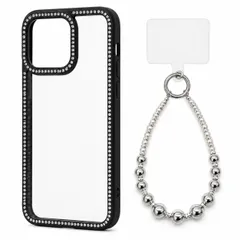 iPhone 17 Pro Max 対応 ラインストーン クリアケース ビーズ ハンドストラップ セット TPU+PC 背面透明 透明パッド付き ケース:ブラック ストラップ:シルバー