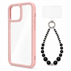 iPhone 17E/iPhone 16E 対応 ラインストーン クリアケース ビーズ ハンドストラップ セット TPU+PC 背面透明 透明パッド付き ケース:ピンク ストラップ:ブラック