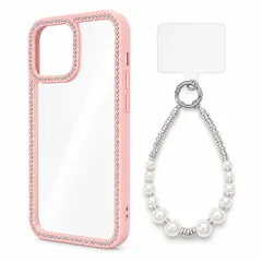 iPhone 17 Pro 対応 ラインストーン クリアケース ビーズ ハンドストラップ セット TPU+PC 背面透明 透明パッド付き ケース:ピンク ストラップ:パールホワイト