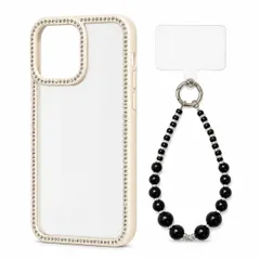 iPhone 17 Pro 対応 ラインストーン クリアケース ビーズ ハンドストラップ セット TPU+PC 背面透明 透明パッド付き ケース:アイボリー ストラップ:ブラック