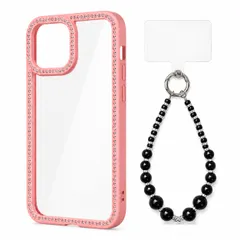 iPhone 17 Pro 対応 ラインストーン クリアケース ビーズ ハンドストラップ セット TPU+PC 背面透明 透明パッド付き ケース:ローズ ストラップ:ブラック