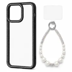 iPhone 17 Pro Max 対応 ラインストーン クリアケース ビーズ ハンドストラップ セット TPU+PC 背面透明 透明パッド付き ケース:ブラック ストラップ:パールホワイト
