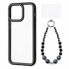 iPhone 17 Pro Max 対応 ラインストーン クリアケース ビーズ ハンドストラップ セット TPU+PC 背面透明 透明パッド付き ケース:ブラック ストラップ:オーロラブラック