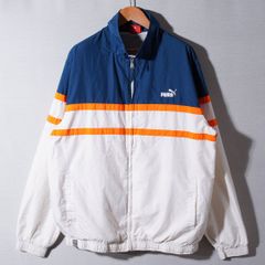 90s プーマ PUMA ナイロンジャケット L ホワイト ネイビー オレンジ ロゴ刺繍 裏側メッシュ ストリート オーバーサイズ 古着 J403
