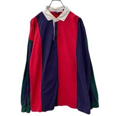 90s GAP 長袖 ストライプシャツ M レッド ネイビー キャップ ハーフボタン 90年代 ラガーシャツ マルチカラー 春秋物 a809-5928