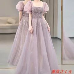新品スパンコールの煌びやかなパフスリーブイブニングドレス 大人可愛い（おとなかわいい）スカート  モード系ロマンチックドレス  クラシカルワンピース