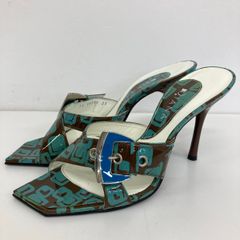 상태좋음 DIANA ダイアナ ミュール サンダル 23cm TS 59293 ブラウン ブルー 総柄 ベルトモチーフ ハイヒール レディース OX04162