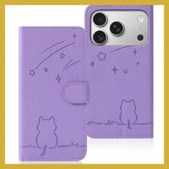 Rosbtib 用の iPhone 18 Pro ケース 手帳型 いphone18pro ケース 手帳型 流れ星子猫 可愛い カード収納-パープル