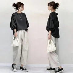 セットアップ レディース 夏服 トップス ブラウス 中袖 プルオーバー 後ろリボン カーブパンツ ゴム 大人 40代 50代 60代 上下セット 無地 2点 カジュアルセット