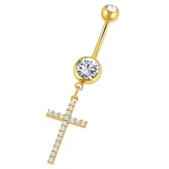 [HSP] ボディピアス 14G クリスタル パヴェ ジュエル クロス ダングル 十字架 バナナバーベル へそピアス ゴールド