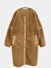 UNIQLO ユニクロ ノーカラーコート L ブラウン ボア ナイロン 無地 レディース