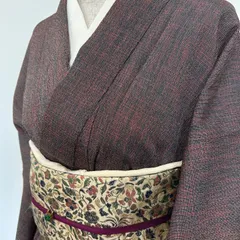 U/アンティーク着物/袷/身丈150/黒赤無地ライク・シンプル・お召し・可愛い・大正ロマン・昭和レトロ