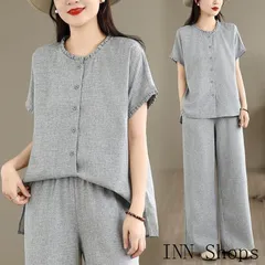 セットアップ レディース 夏服 リネン トップス ブラウス 半袖 前開きシャツ フリル スリット ワイドパンツ ゴム ポケット 大人きれいめ 旅行 通勤 40代 50代