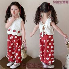 新品 セットアップ 上下セット 子供服 女の子 女児 小学生 タンクトップ ノースリーブ トップス 長ズボン ロングパンツ キッズ トップス トマト柄 ボトムス リボン 可愛い おしゃれ カジュアル 90cm 100cm zh917