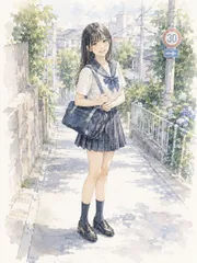 2Lサイズ c1323 水彩画調 坂道を下る制服姿の女子学生ノスタルジックイラスト インテリア ポスター