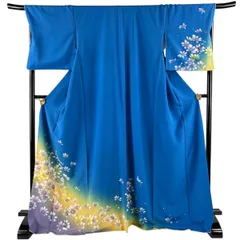 付下げ 身丈169.5cm 裄丈70cm L 袷 コスモス 水玉 ぼかし 青 正絹 秀品 【中古】