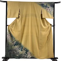 訪問着 身丈158cm 裄丈64.5cm M 袷 中村乃武夫 落款 百合 紫陽花 金銀彩 薄黄土色 正絹 逸品 【中古】