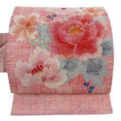 名古屋帯 優品 紬地 牡丹 草花 ピンク 正絹 【中古】