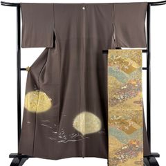 袋帯 名品 箔屋清兵衛 落款 悠久の美 段縞 草花 箔 灰紫 お太鼓柄 正絹