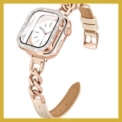 [Sovio] 細身レザー対応Apple Watch バンド＆キラキラカバー セット42mm(Series 11 10)、ステンレス製ジュエリーチェーン互換アップルウォッチ バンド 革、全面保護・耐衝撃カバー付き対応Apple Watch ベルト かわいい、簡