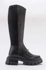 プロローグシューズ レディース ブーツ・レインブーツ Prologue Shoes Chapel Buckle Stretch Boot Black Stretch Faux Leather ブラック