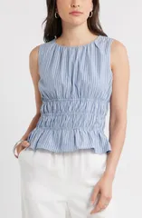 キャスロン レディース トップス シャツ シャーリング Caslon Stripe Smocked Peplum Poplin Top BLUE BEYOND CORA STRIPE ブルー