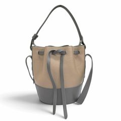 極美品△MORABITO モラビト ロゴ 巾着型 2WAY レザー ハンドバッグ ショルダーバッグ ベージュ グレー レディース 保存袋付き オススメ◎