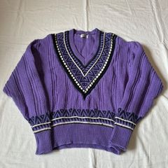 90s ficce フィッチェ YOSHIYUKI KONISHI チルデンセーター Vネック ウール×コットン パープル