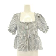 ガニー GANNI 25SS Yarn Dyed Stripe Blouse ブラウス ペプラム スクエアネック ビジューボタン 水色 ライトブルー 茶 ブラウン 白 ホワイト /CX ■OS