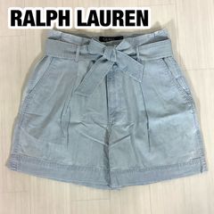 【美品】 RALPH LAUREN ラルフローレン シャンブレー ショートパンツ キュロット サイズ2 ライトブルー リボンベルト 総丈42cm ウエスト72cm 股上30cm 股下13cm 裾幅32cm【古着】