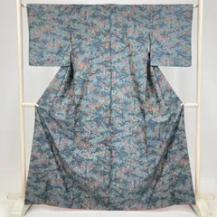 たんす屋 リユース着物 紬 紺 カジュアル 草花 袷 絹 未洗い 【身丈】161cm【裄丈】64cm MS9276