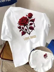 薔薇柄 レディース レディースTシャツ プリント 赤バラ ロゴTシャツ 白Tシャツ
